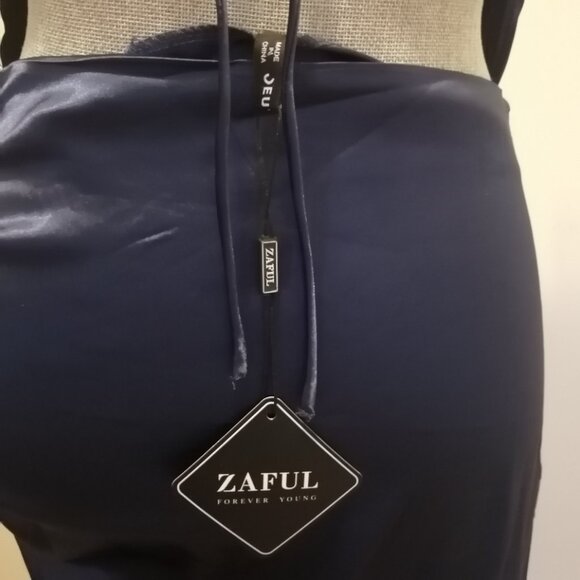 Midnight Blue Open-Back Satin Party/Occasion Dress by Zaful, BNWT - Picture 3 of 12